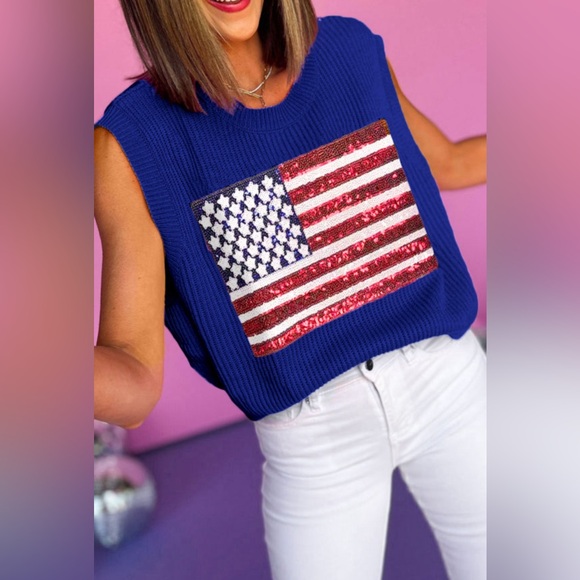 New Boutique Sequin Sparkle American Patriotic Holiday Sweater July 4th - Picture 2 of 11